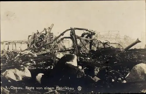 Ak Oppau Ludwigshafen am Rhein, Explosion des Stickstoffwerkes 1921, Reste von einem Fabrikbau
