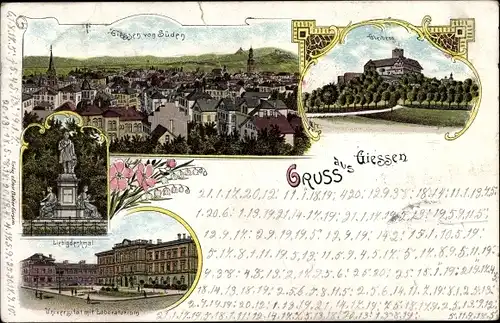 Litho Gießen an der Lahn Hessen, Blick auf den Ort, Universität mit Laboratorium, Liebigdenkmal