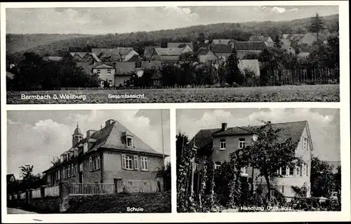 Ak Bermbach Weilburg im Lahntal, Gesamtansicht, Schule, Handlung Otto Volz