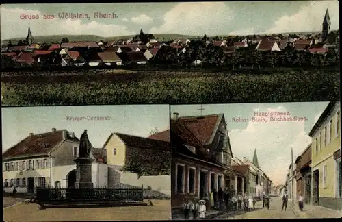 Ak Wöllstein in Rheinhessen, Gesamtansicht, Kriegerdenkmal, Hauptstraße, Buchhandlung