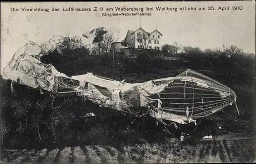 Ak Weilburg im Lahntal, Luftkreuzer Z II am Webersberg, 22. April 1910, Absturz, Wrack