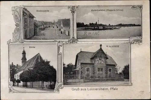 Ak Leimersheim Rülzheim in Rheinland-Pfalz, Straßenpartie, Rhein-Fähre, Kirche, Geschäft