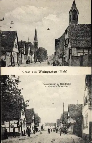 Ak Weingarten in der Pfalz, Kirche, Postagentur, Handlung