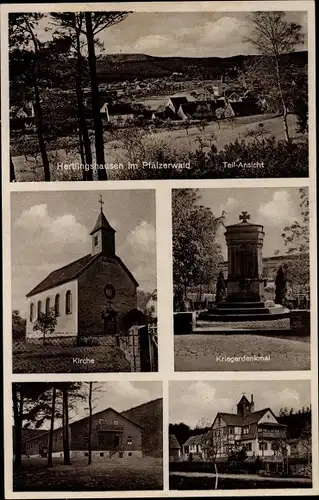 Ak Hertlingshausen Carlsberg in der Pfalz, Teilansicht, Kirche, Kriegerdenkmal