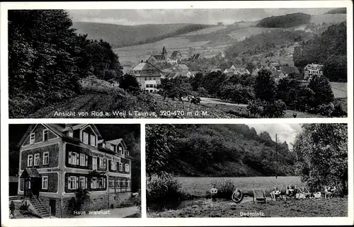 Ak Rod an der Weil Weilrod im Taunus, Gasthaus Waldlust, Badeplatz, Blick auf den Ort