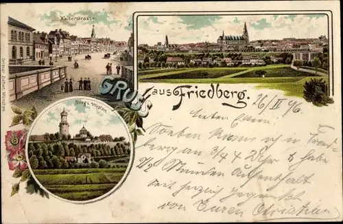 Litho Friedberg in Hessen, Kaiserstraße, Blick auf den Ort, Burg