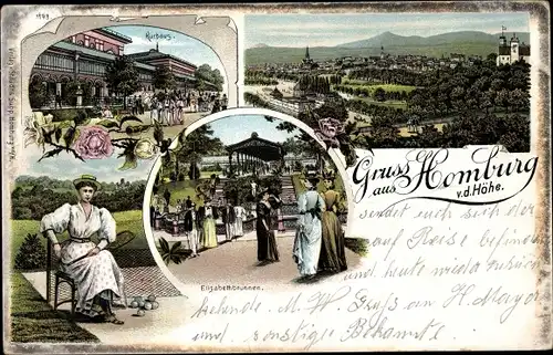 Litho Bad Homburg vor der Höhe Hessen, Tennisspielerin, Elisabethbrunnen, Kurhaus