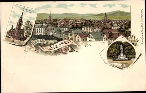 Litho Gießen an der Lahn Hessen, St. Johannis Kirche, Totalansicht der Ortschaft