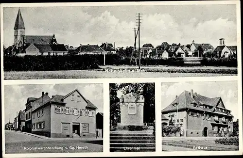 Ak Hattersheim am Main, Kolonialwarenhandlung, Rathaus, Ehrenmal, Blick auf den Ort