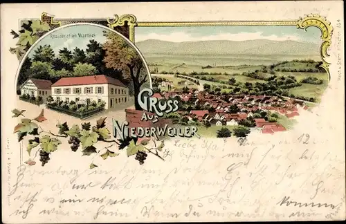 Litho Niederweiler Büchenbeuren im Hunsrück, Restauration Warteck, Blick auf den Ort