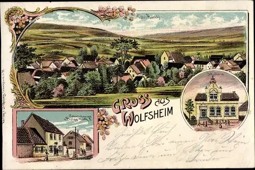 Litho Wolfsheim Rheinhessen, Schulhaus, Kolonialwarenhandlung, Totalansicht
