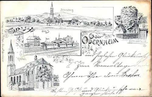 Litho Gau Odernheim Rheinhessen, Petersberg, Schlossruine, Bahnhof, Gleisseite, Kirche