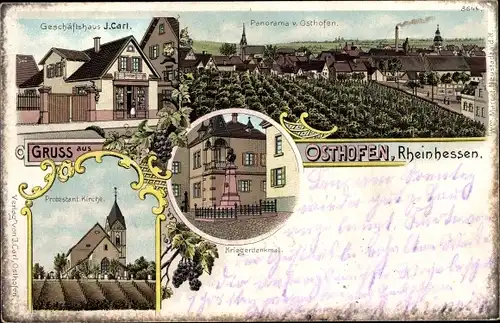 Litho Osthofen in Rheinhessen, Geschäftshaus, Kriegerdenkmal, protestantische Kirche