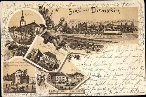 Litho Dirmstein in der Pfalz, Rathaus, Stammschloss von Sturmfeder, Janson'sches Anwesen, Kirche