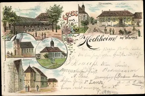 Litho Hochheim Worms am Rhein, Römergarten, Rathaus, katholische und evangelische Kirche