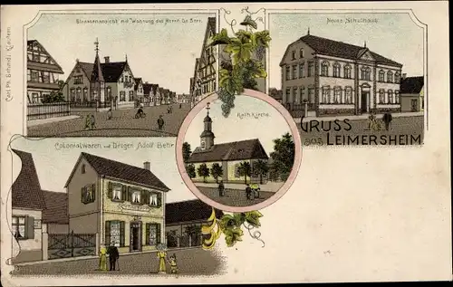 Litho Leimersheim Rülzheim in Rheinland-Pfalz, Neues Schulhaus, Kolonialwarenhandlung, Kirche