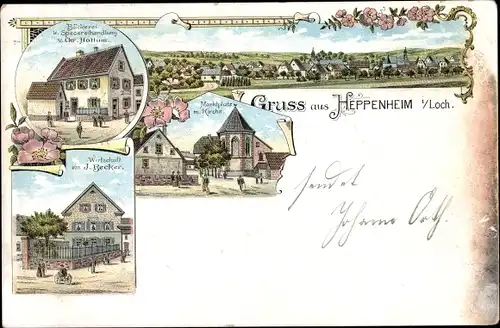 Litho Heppenheim im Loch Gau Heppenheim Rheinland Pfalz, Marktplatz, Wirtschaft, Bäckerei Hottum