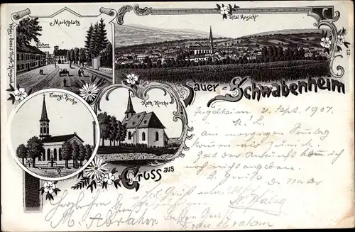 Litho Schwabenheim an der Selz Rheinhessen, Marktplatz, Kirchen, Totalansicht