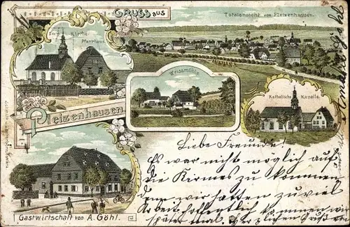 Litho Pleizenhausen Rheinland Pfalz, Kapelle, Weißmühle, Pfarrhaus, Gastwirtschaft