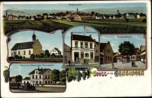 Litho Gensingen in Rheinhessen, Friedensbaum, Warenhaus, Bahnhof Horrweiler, Gleisseite