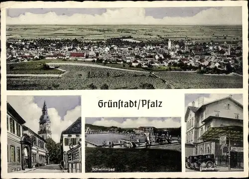 Ak Grünstadt in der Pfalz, Bahnhof, Schwimmbad, Totalansicht der Ortschaft