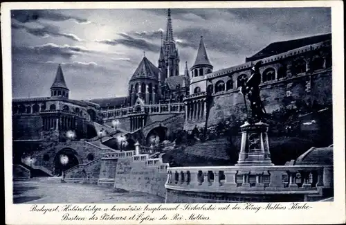 Ak Budapest Ungarn, Fischerbastei, König Mathias Kirche, Mondschein