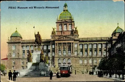 Ak Praha Prag Tschechien, Museum, Wenzelsmonument, Straßenbahn