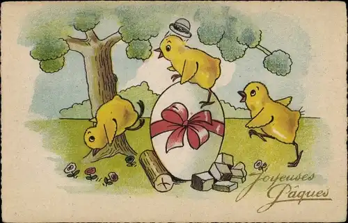 Ak Glückwunsch Ostern, Küken, Osterei, Holzstücke