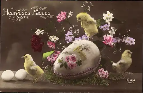 Ak Glückwunsch Ostern, Küken, Ostereier, Blumen