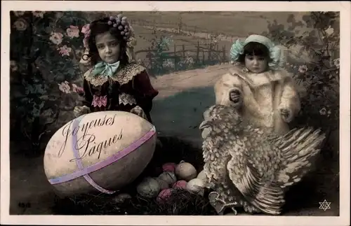 Ak Glückwunsch Ostern, Mädchen, Ostereier, Huhn, Blumen