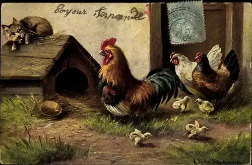 Künstler Ak Müller, August, Hahn und Hühner mit Küken vor einer Hundehütte