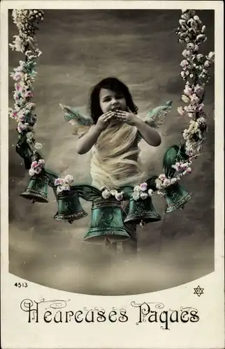 Ak Glückwunsch Ostern, Engel, Glocken, Blumen