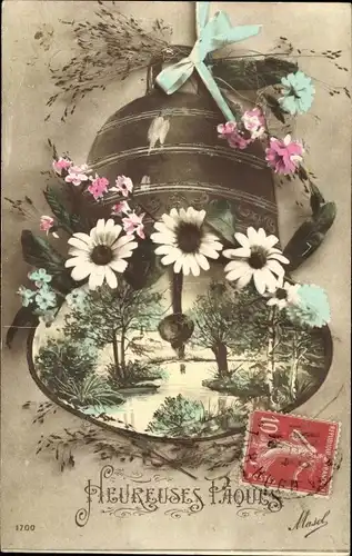 Ak Glückwunsch Ostern, Blumen, Glocke, Schleife, Fluss