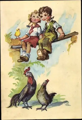 Künstler Ak Salac, Kinder über einem Abgrund, Hahn, Huhn