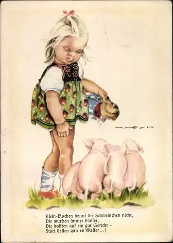 Künstler Ak Peyk, Hilla, Mädchen mit Schweinen, Klein Elschen