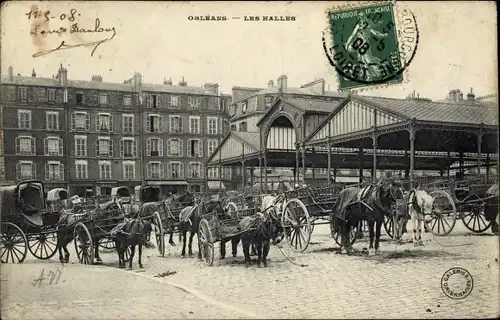 Ak Orléans Loiret, Les Halles, Kutschen