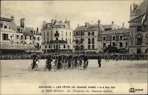 Ak Orléans Loiret, Les Fetes de Jeanne d'Arc 1914, Defile Militaire, Trompettes, Chasseurs Cyclistes