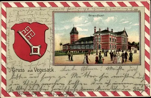 Passepartout Wappen Litho Vegesack Bremen, Blick zum Gasthaus Strandlust, Stadtschlüssel