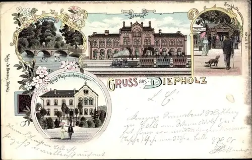 Litho Diepholz in Niedersachsen, Bahnhof, Trinkhalle, Kgl Präparandenanstalt