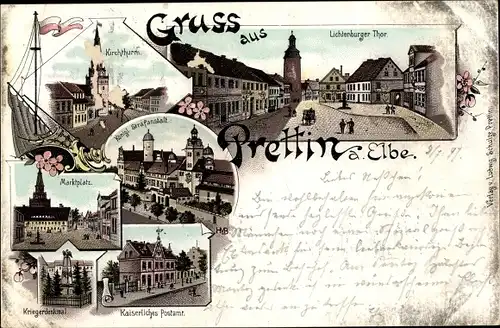 Litho Stadt Prettin Annaburg im Kreis Wittenberg, Marktplatz, Lichtenburger Tor, Kirchturm, Postamt