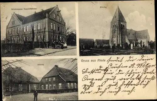 Ak Riede in Niedersachsen, Kirche, Schule, Brinkmanns Geschäftshaus