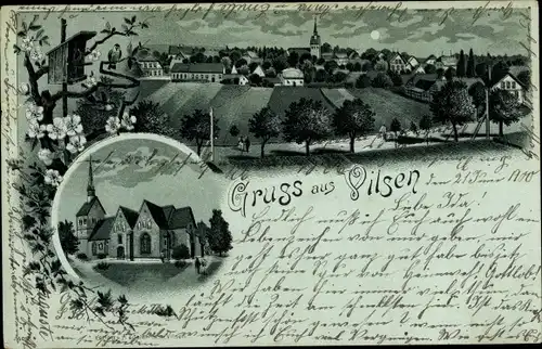 Mondschein Litho Bruchhausen Vilsen Landkreis Diepholz, Gesamtansicht der Ortschaft, Felder, Kirche