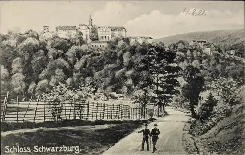 Künstler Ak Schwarzburg im Schwarzatal Thüringen, Blick zum Schloss