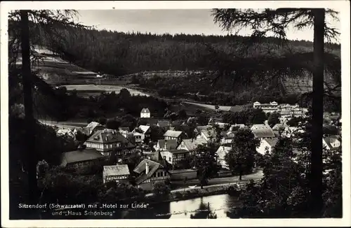 Ak Sitzendorf Schwarzatal, Ortschaft mit Hotel zur Linde u. Haus Schönberg