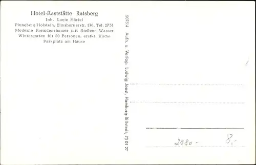 Ak Pinneberg in Holstein, Hotel Ratsberg, Außenansicht, Inneres, Elmshorner Straße 176