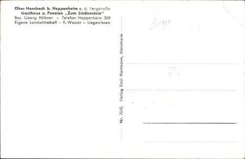 Ak Ober Hambach Heppenheim Hessen, Gesamtansicht vom Ort, Vogelschau, Pension zum Lindenstein