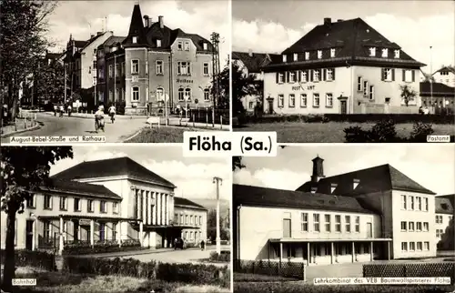 Ak Flöha Sachsen, August Bebel Straße, Rathaus, Postamt, Bahnhof, Lehrkombinat VEB Baumwollspinnerei