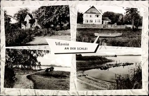 Ak Ulsnis an der Schlei, Uferpartie, Ruderboot, Wohnhäuser