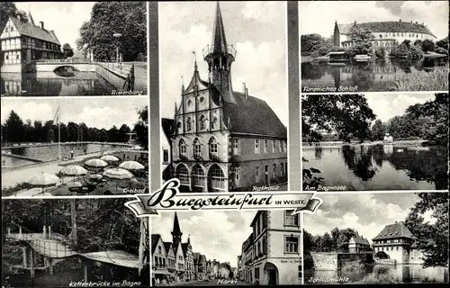 Ak Burgsteinfurt Steinfurt im Münsterland, Rathaus, Schlossmühle, Markt, Kettenbrücke, Ritterburg