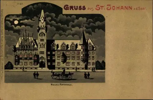 Mondschein Litho St. Johann Saarbrücken im Saarland, Neues Rathaus
